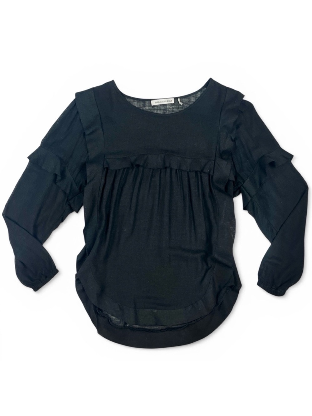 Isabel Marant Etoile Black Sheer Silk Ruffle Pleated Long Sleeve Blouse medium